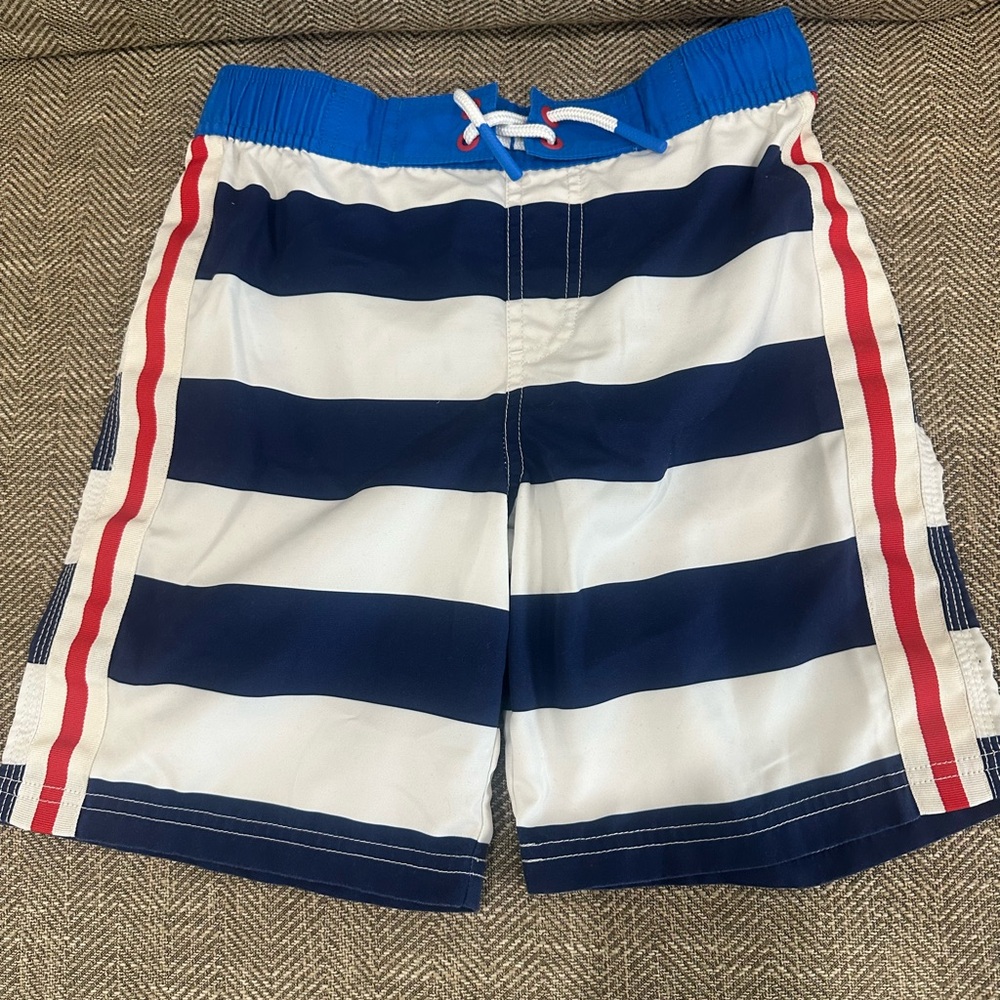 Mini Boden Blue and White Striped Swim Shorts